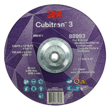 3M Cubitron 88993 Cut-Off And Grinding Wheel, Type 27, 9 In Dia, 0.125 In