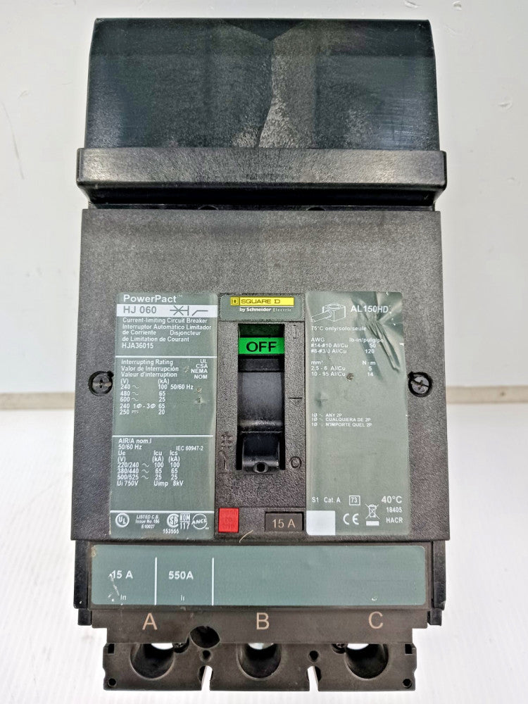 New Square D 15 Amp I-Line Circuit Breaker 3 Pole 600 VAC / 250 VDC HJA36015