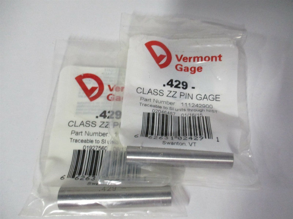 Vermont Gage (11124900) 0.429" Diam Class ZZ Minus Plug & Pin Gage - Lot of 2