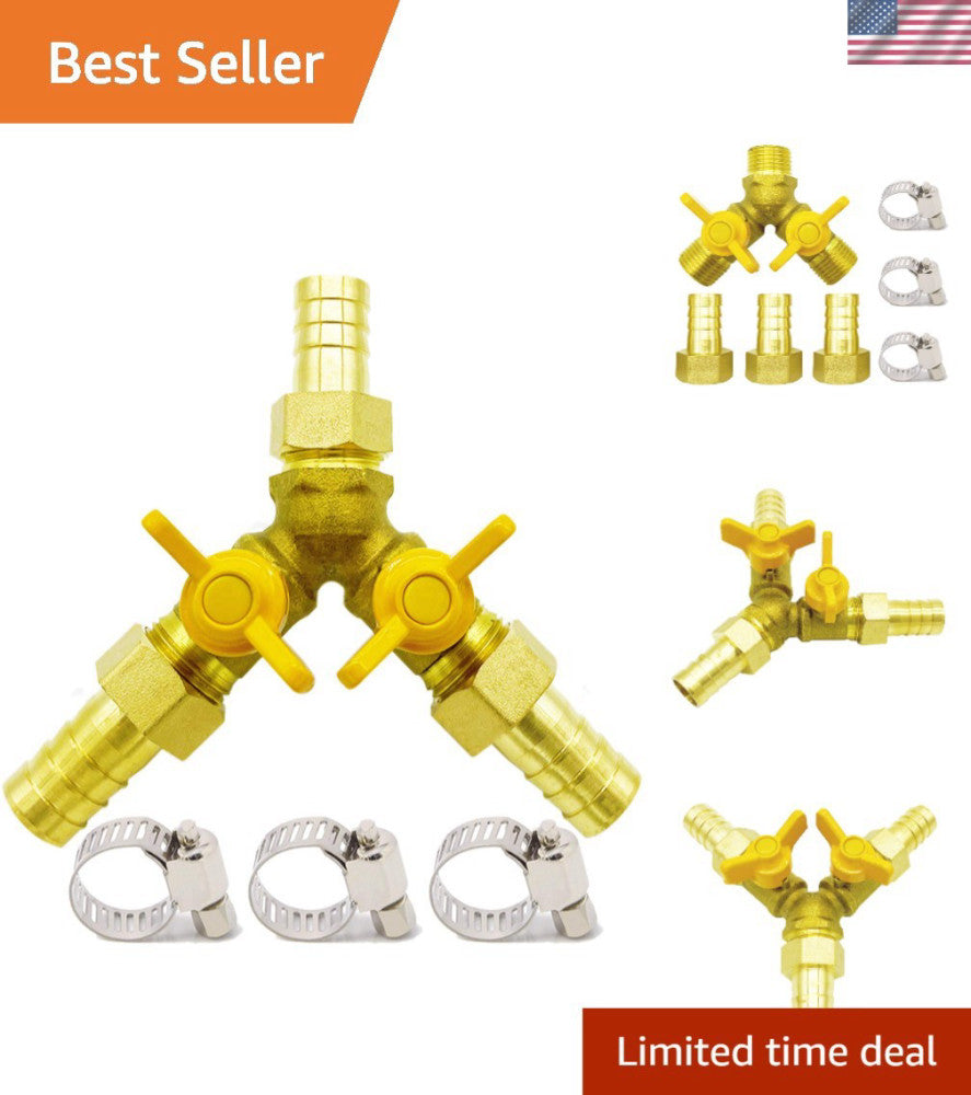 Durable 3-Way Brass Shut-Off Valve, 1/2 Inch Hose Barb for Water/Fuel/Air