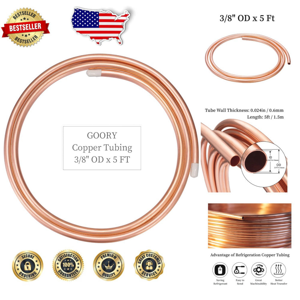 Copper Tubing 3/8" OD x 0.328" ID x 5 Ft for HVAC & Refrigeration