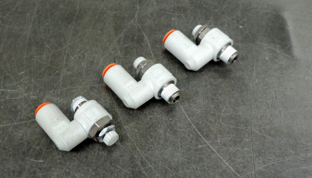 SMC 1/4" NPT X 3/8" Pneumatic Flow Valve Push to Connect Fitting Lot of (3)
