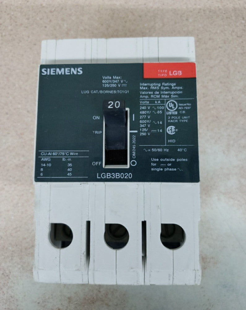 SIEMENS LGB3B020, CIRCUIT BREAKER,   3P / 20AMP /480V  NTO