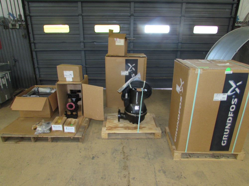 GRUNDFOS, 2- 10 hp SUBMERSIBLE PUMPS, w/CONTROLLER,AUTO COUPLING, 230/460V, NEW!