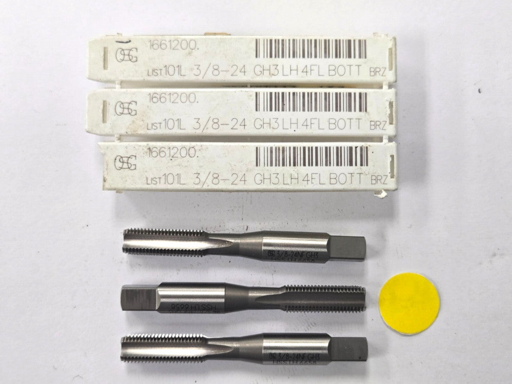 OSG CUTTING TAP WITH BOTTOMING CHAMFER  #3/8-24 NC GH3 LEFT HAND LOT OF 3