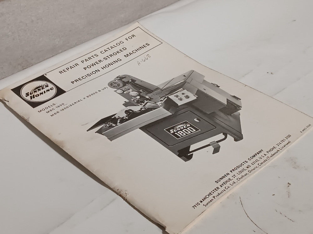 Sunnen Honing MBC1800 & MBB1800 Power Stroked Precision Machine Parts Catalog