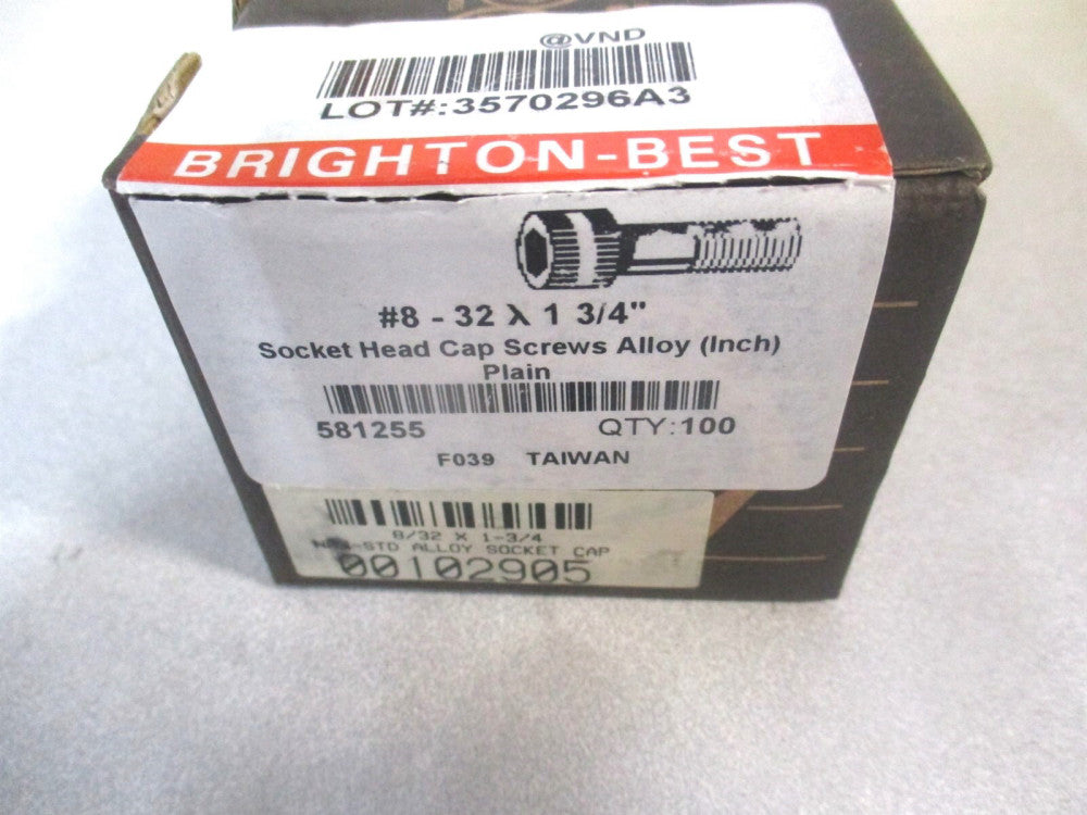 (581255P) #8-32 UNC 1-3/4" OAL Alloy Steel Hex Socket Cap Screw - Pack of 100 