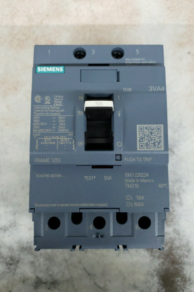 New Old Stock! Siemens 3VA4150-4ED34-0AA0  50amp Circuit Breaker