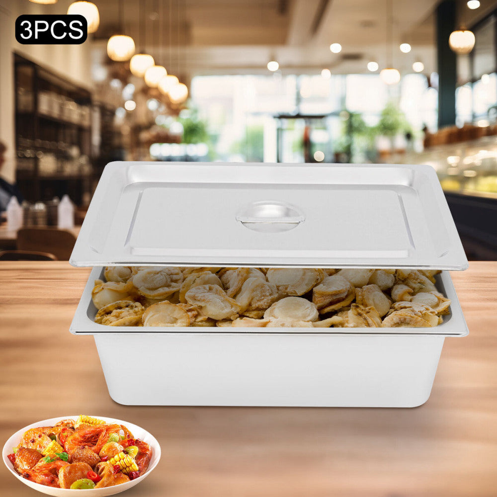 3pcs 6in Steam Table Pans w/ Lid Stainless Steel Steam Table Pans for Catering