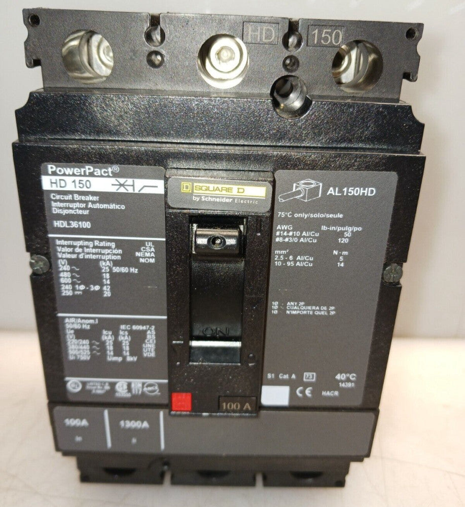 SQUARE D HDL36100 100 AMP POWERPACT CIRCUIT BREAKER 3 POLE 600 VAC 18kA