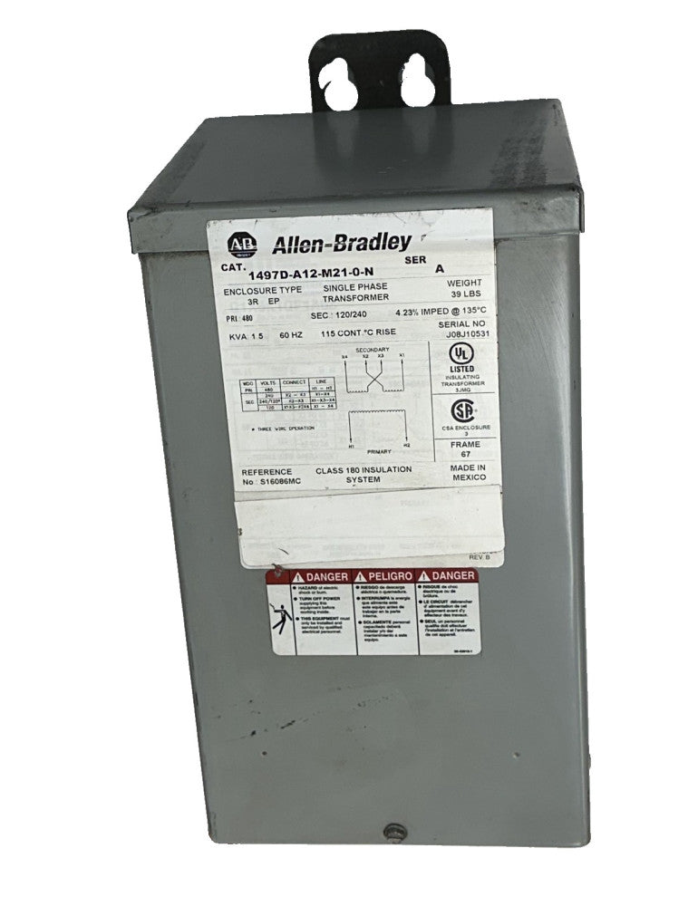 ALLEN-BRADLEY 1497D-A12-M21-0-N SINGLE PHASE TRANSFORMER 1.5KVA 480V  60HZ