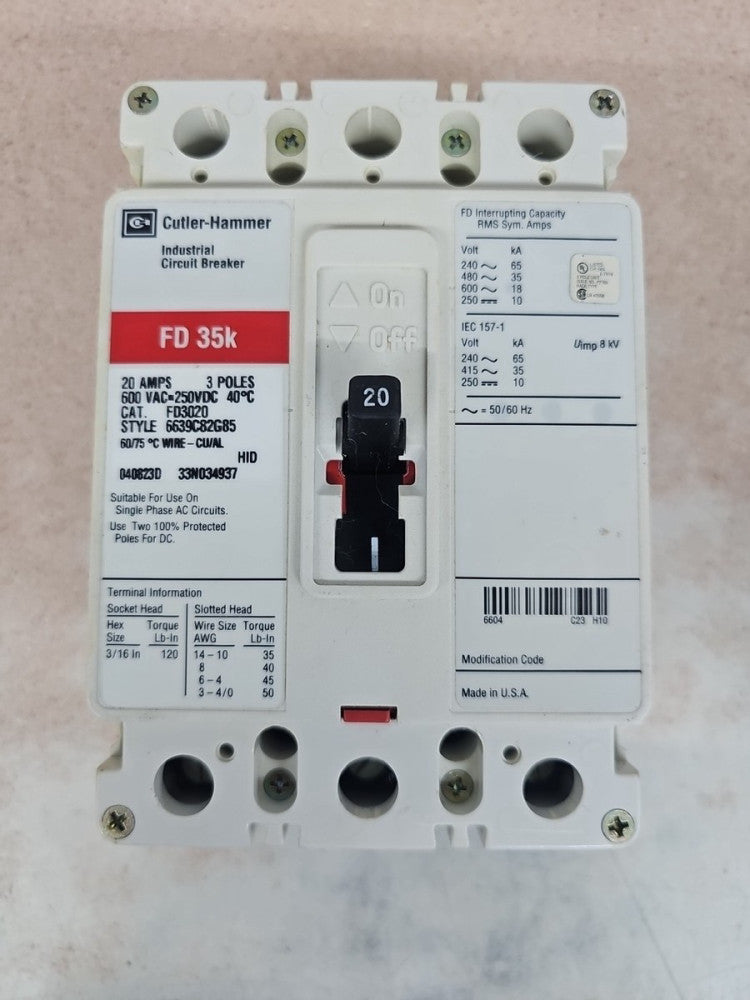 Eaton FD3020 Circuit Breaker 20 Amp 3 Pole 600 Vac NTO