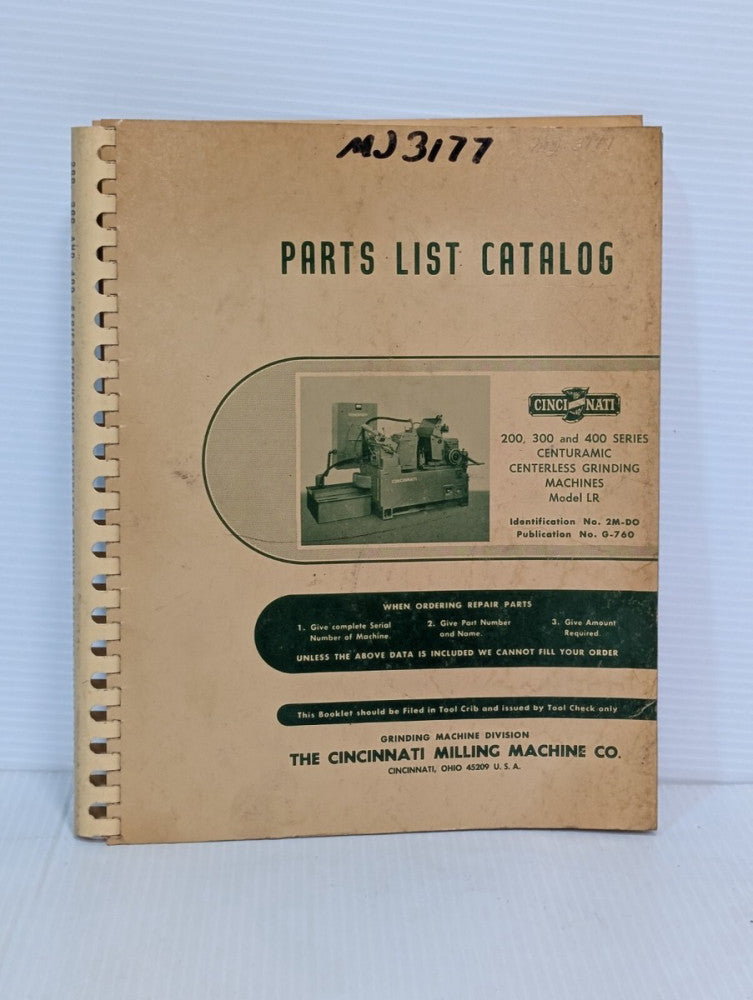 Cincinnati Parts List Catalog for Model LR Centuramic Cnterless Grinding Machine
