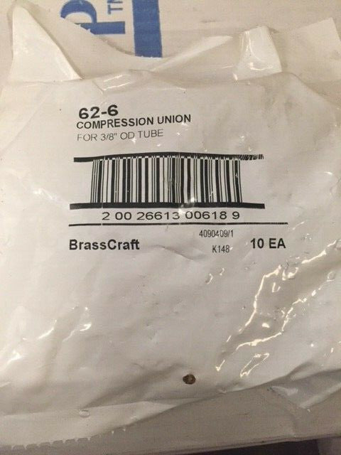 (10 pack) BrassCraft 62-6 Compression Union For 3/8" OD Tube (NEW)
