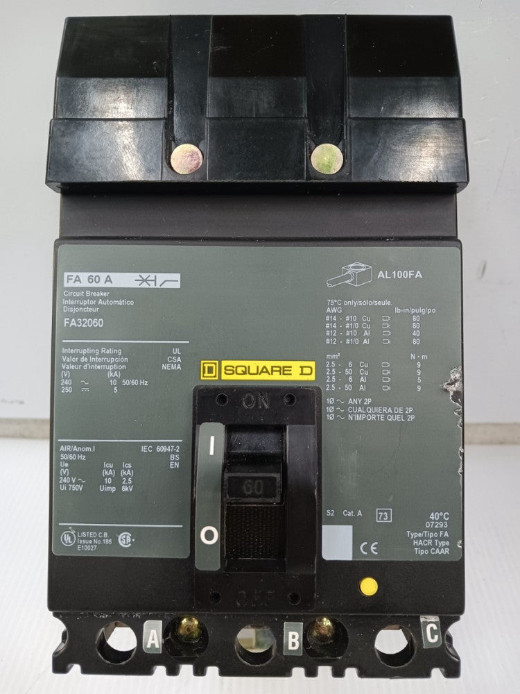 Square D 60 Amp I-Line Circuit Breaker 3 Pole 240 VAC FA32060 *Green Label*