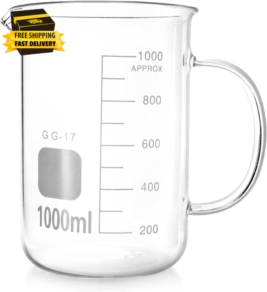 QWORK Beaker with Handle Borosilicate Glass Measuring Cup Spout 1000ml 33.8oz