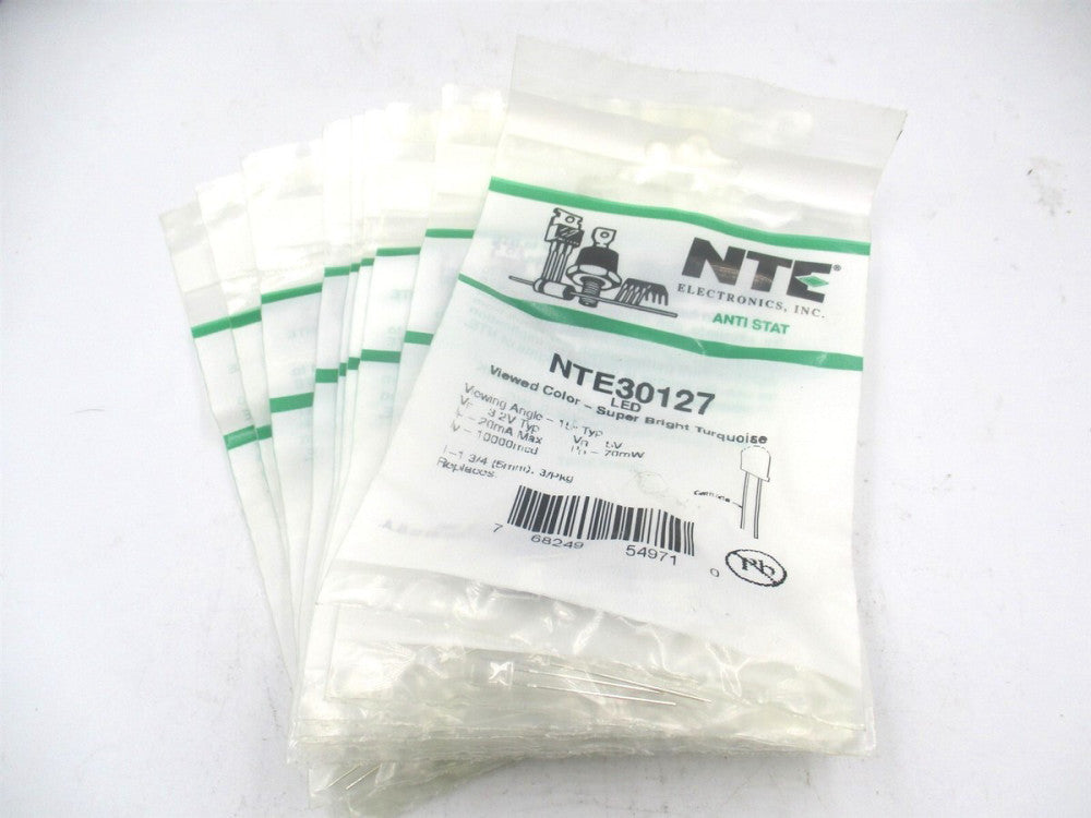 NTE Electronics (NTE30127) 3.2V Radial Discrete Turquoise LED 3ct. - Lot of 10 