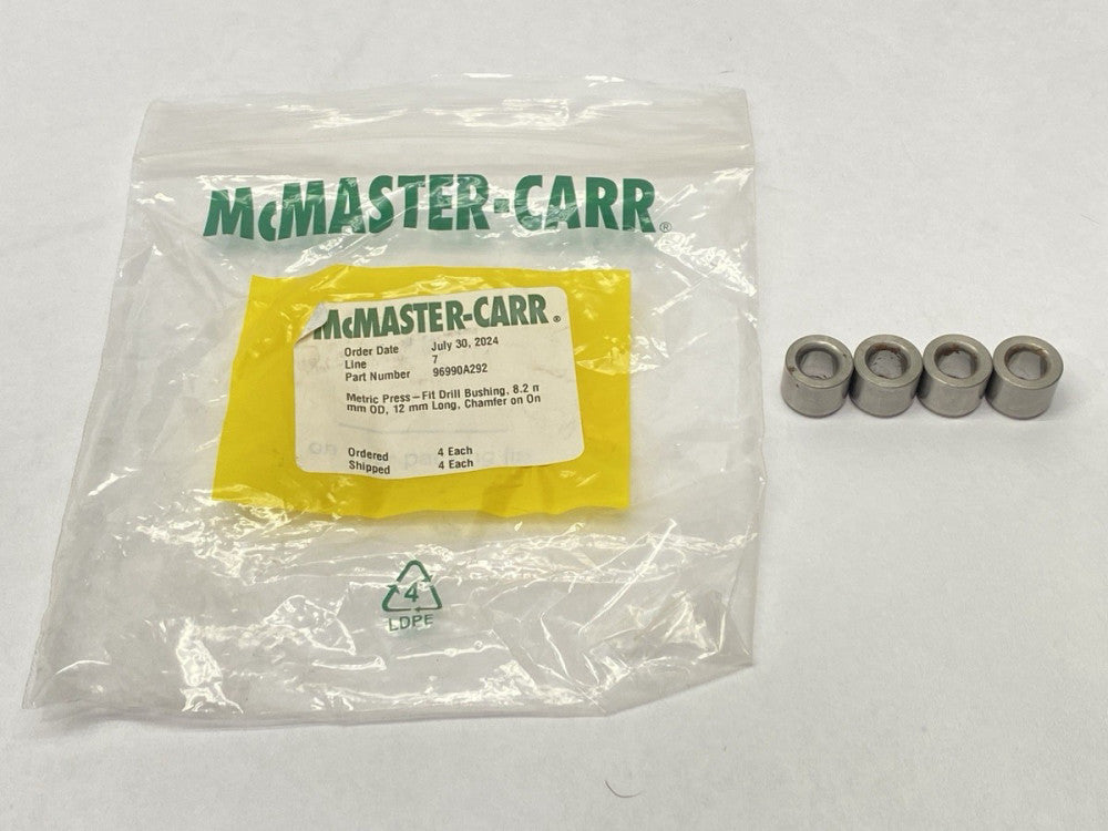 96990A292 Drill Bushing 8.2mm ID 15mm OD 12mm Long Chamfer On One End LOT OF 4