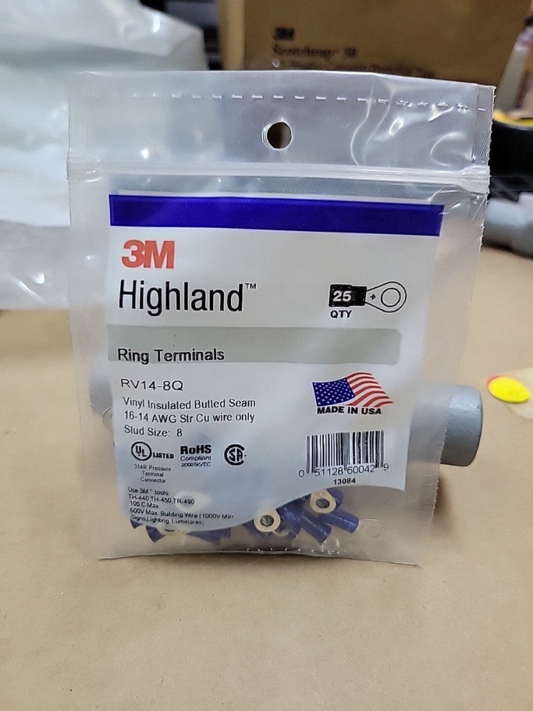 LOT OF 10 BAGS 3M Highland Vinyl Insulated Ring Terminal RV14-8Q AWG 16-14