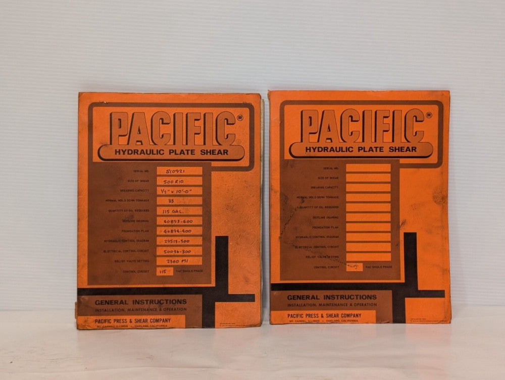 Lot of 2 Installation/ Maintenance Manuals for Pacific Hydraulic Plate Shears