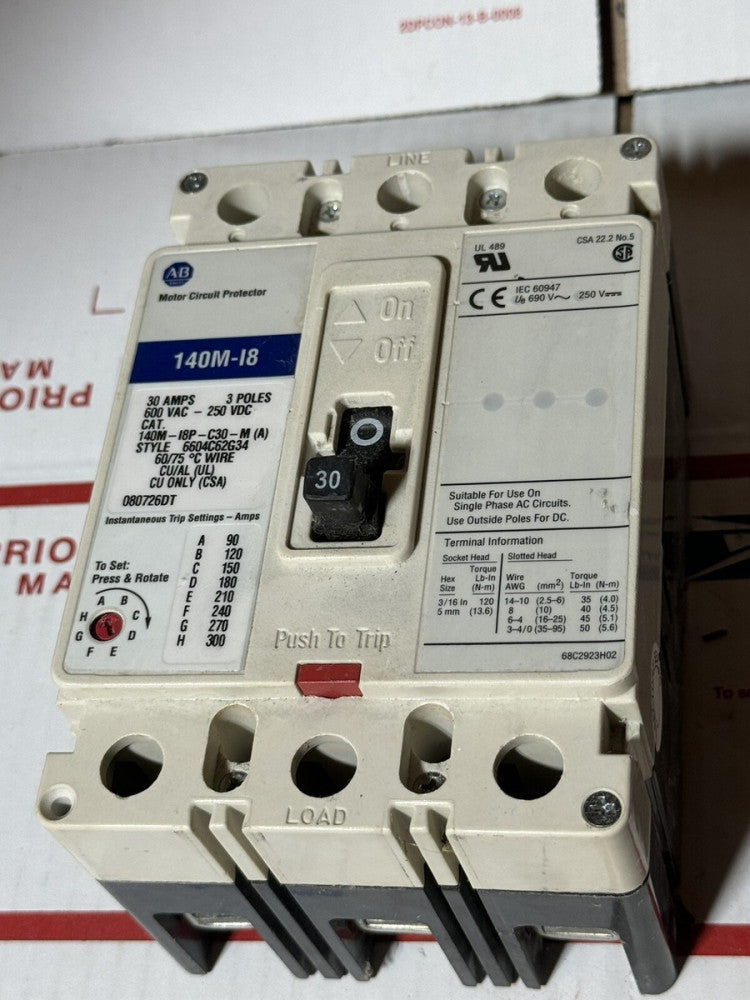 Allen Bradley 140M-I8 Circuit Breaker ~ 3P,  30amps, 600V ~ 140M-I8P-C30-M(A)