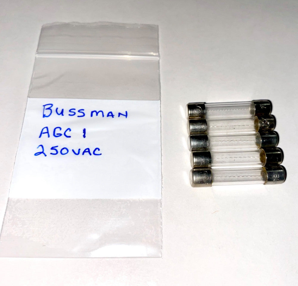 (5) Bussman AGC-1 250vac Cartridge Fuses 1-1/4" x 1/4".