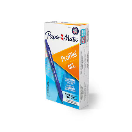 PAPER MATE 2095472 Profile Gel Pen,0.7mm,Blue,PK12