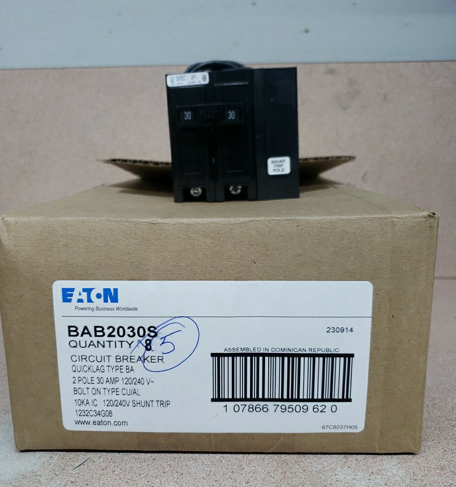 1) NEW! EATON BAB2030S 30 AMP BOLT-ON CIRCUIT BREAKER 2 POLE 240V W/SHUNT TRIP