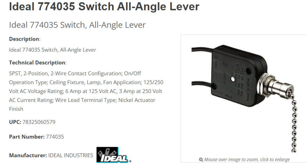 Ideal 774035 Pull Chain Lever Switch, All Angle, SPST, On-Off, Wire Leads [OF45]