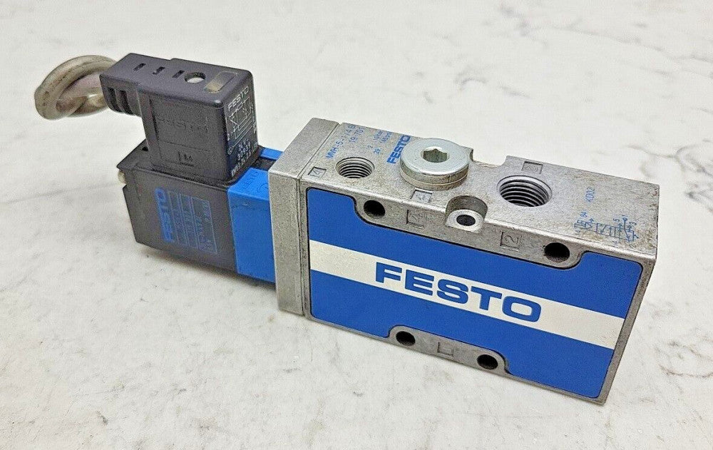 Festo MVH-5-1/4B Pneumatic Solenoid Valve w/ KMV-1-24-2.5-LED Plug Socket 19701