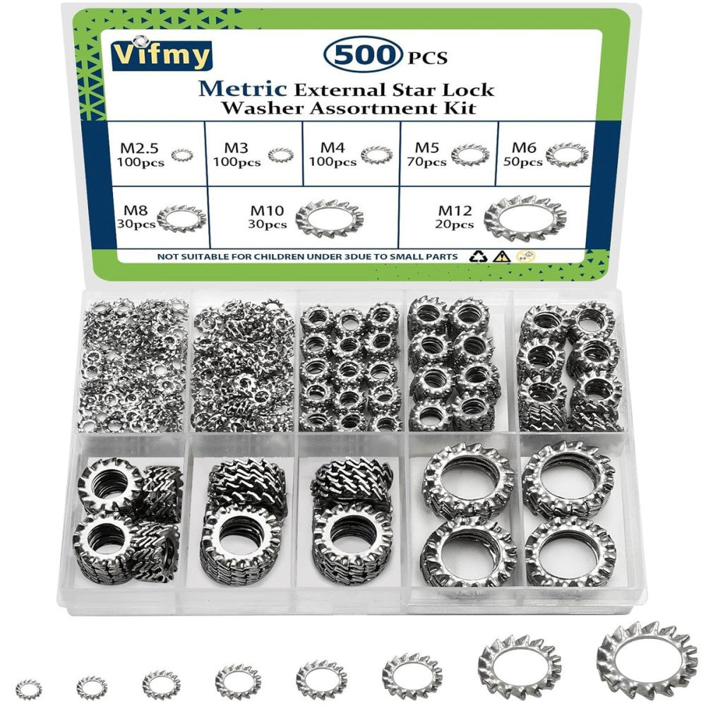 500 Pack External Tooth Lock Washers Assortment Kit Stainless Steel Star Washers