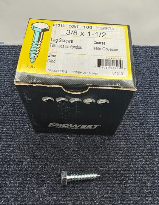 ( QTY 100 ) MIDWEST FASTENERS 01313: 3/8" X 1 1/2" HEX HEAD ZINC LAG SCREW BOLTS