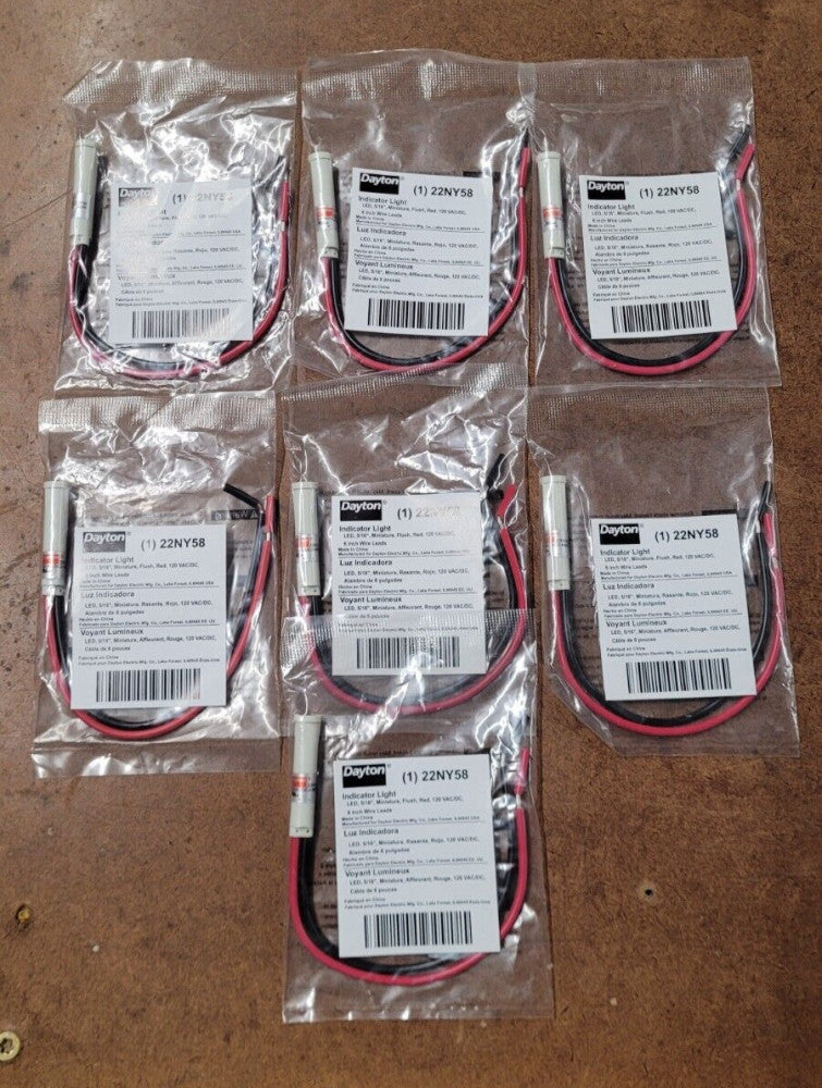 Lot of 7 Dayton 22NY58 Red LED Indicator Lights Flush Panel Mount 5/16"