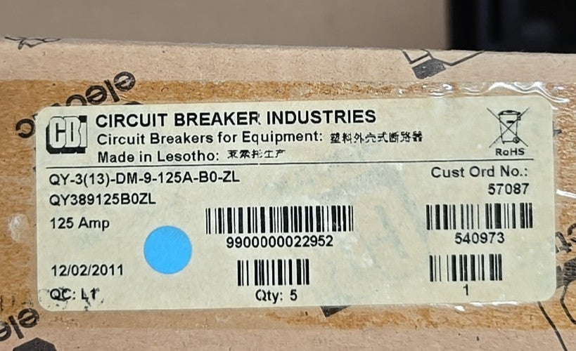 CBI Box of 5 QY389125B0ZL 125 Amp 3 Pole Circuit Breaker