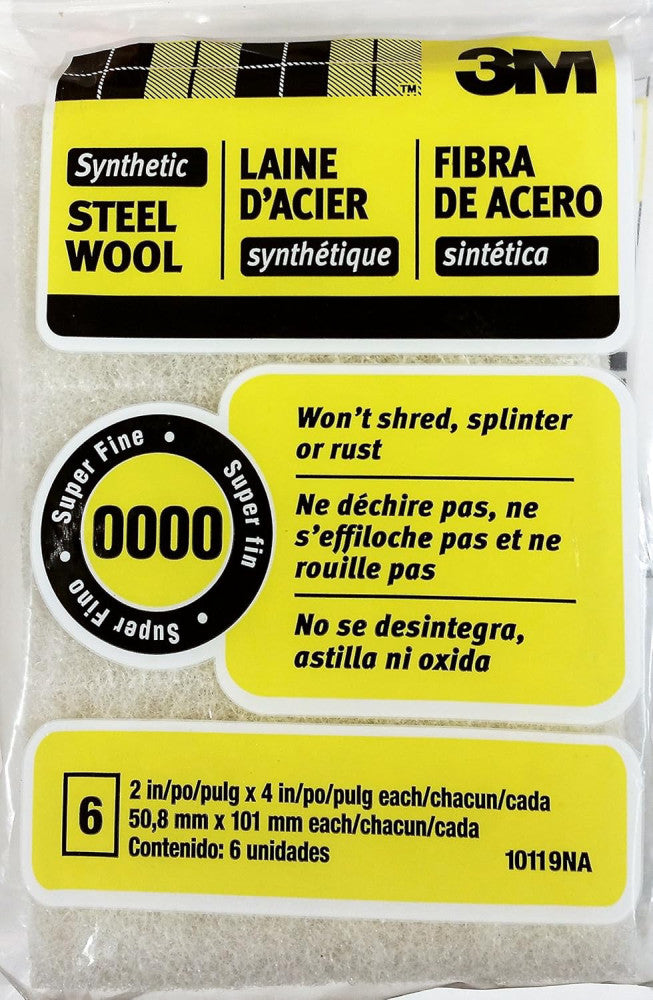 3M Synthetic Steel Wool Pads, 6-Pad, Use Wet Or Dry, 2" x 4", Clear 