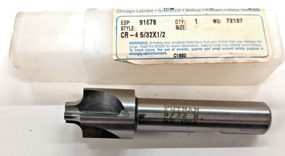 PUTNAM CORNER ROUNDING ENDMILL 5/32 RADIUS HSS 4 FLUTE MILL DIA 3/4" OAL 3" CR-4