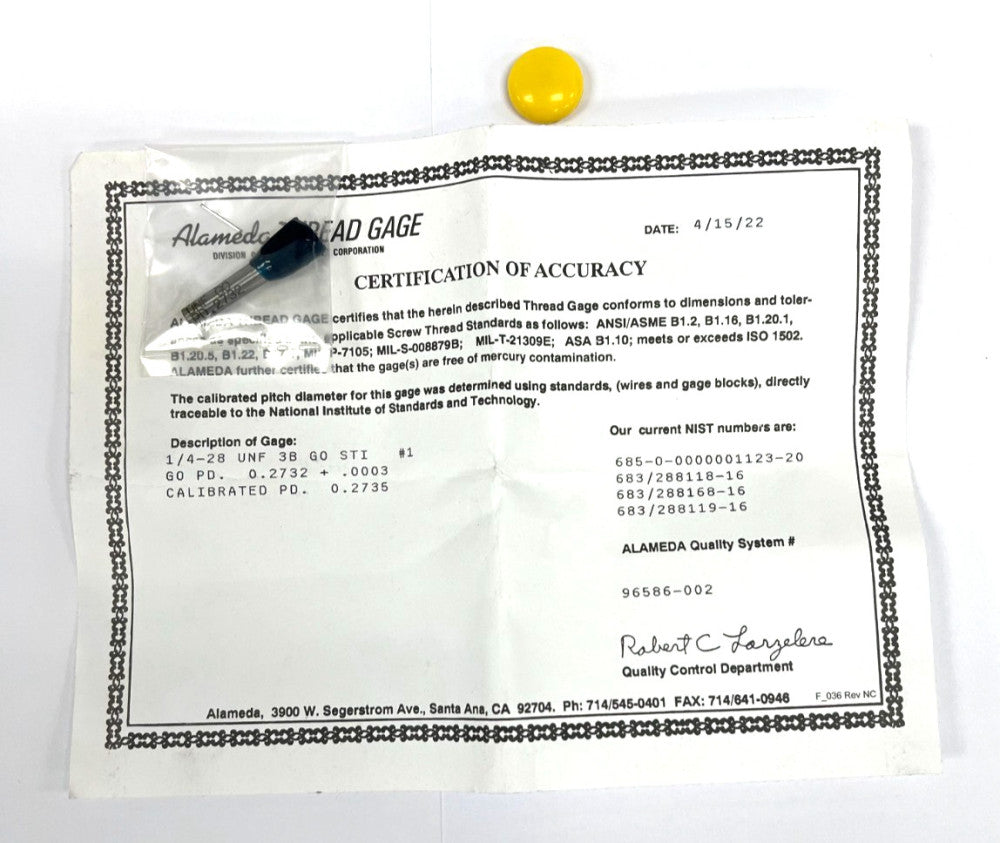 ALAMEDA THREAD GAGE 1/4"-28 UNF PLUG 3B W/CERTIFICATION OF ACCURACY