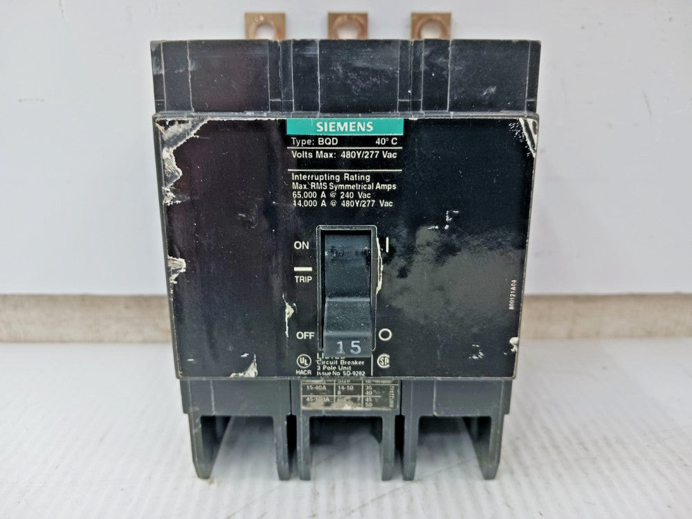 Siemens 15 Amp Bolt-On Circuit Breaker 3 Pole 480Y/277 VAC 65kA BQD315