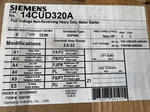 Siemens 14CUD320A Heavy Duty Motor Starter, Solid State Overload (NEW)