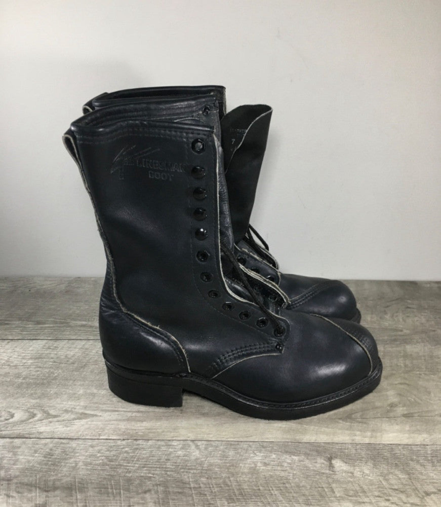 Mens Linesman Boot Steel Toe Climber Combat Black Leather Boots Size 7 Wide