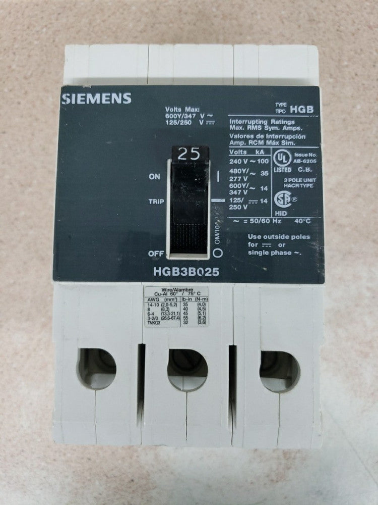 SIEMENS HGB3B025 Bolt On Circuit Breaker 3 Pole NTO