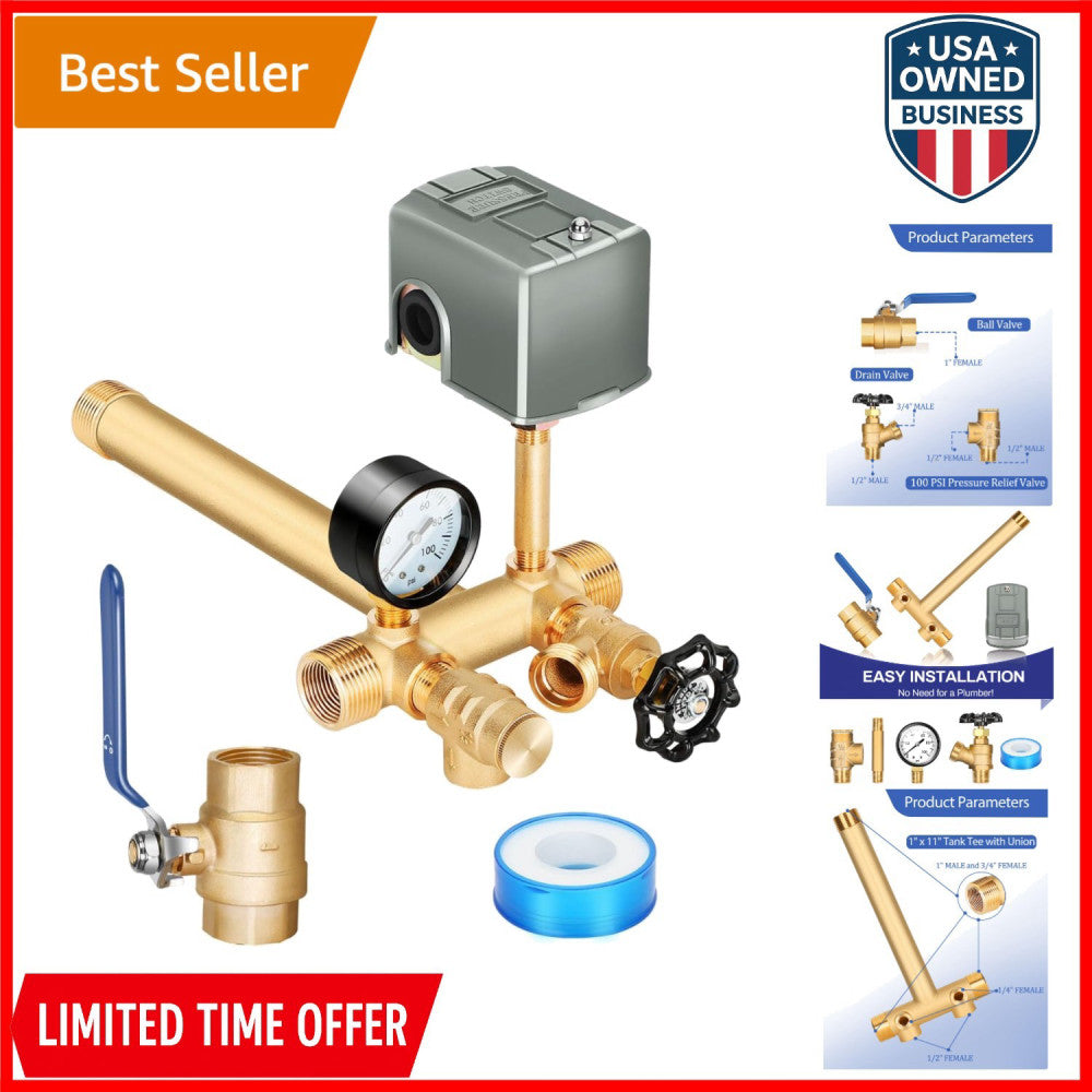Well Pressure Tank Tee Kit Brass 1x11-Inch 30-50 PSI Water Well Pump Accessory