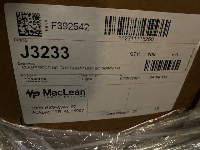 (Case of 100) MACLEAN POWER SYSTEMS J3233 Bonding Clamps