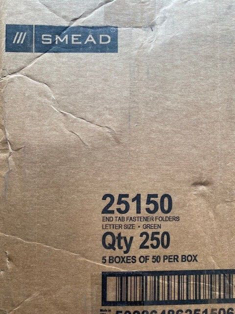 (250) Smead WaterShed/CutLess End Tab 2 Fastener Folders 3/4" Exp Letter Green