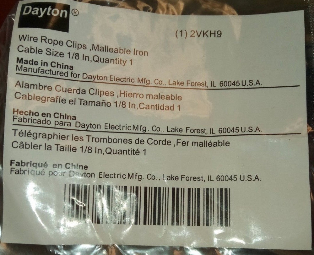 DAYTON 2VKH9 1/8 In, AND 2VKJ2 1/4 in Wire Rope Clip, Maleable Iron