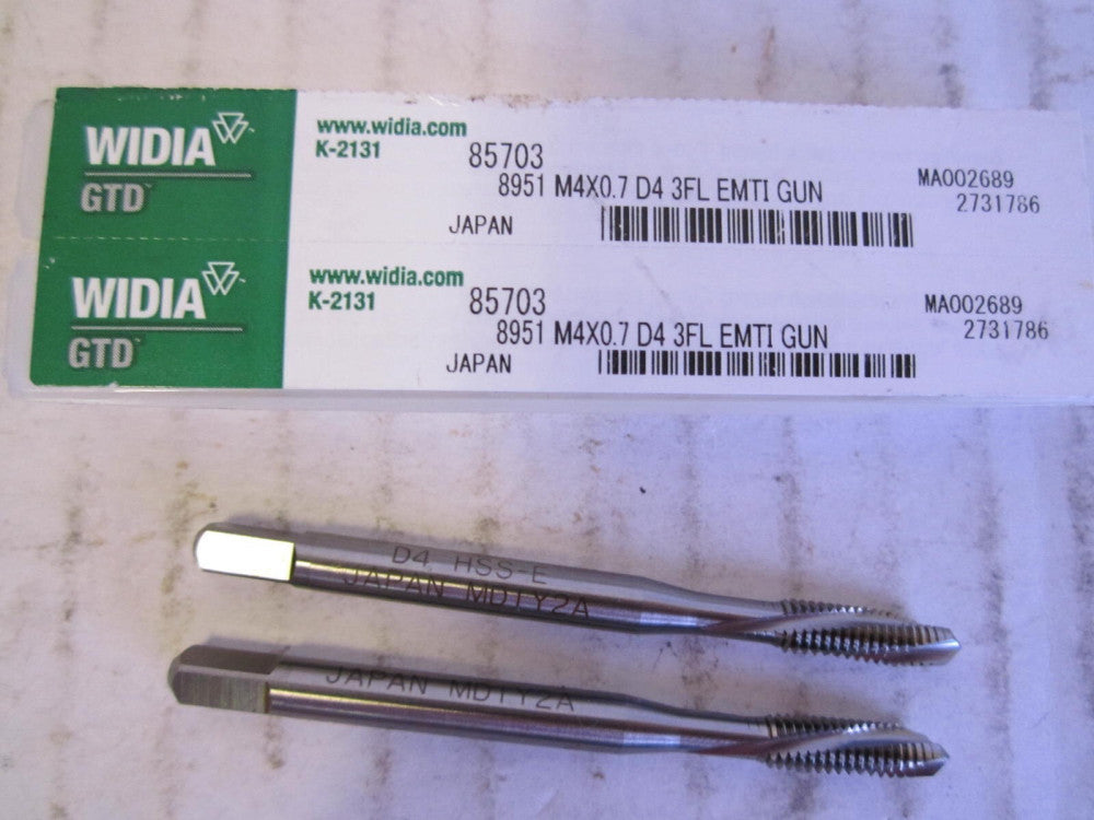 Widia (85703) GTD M4 x 0.7 Spiral 3-Flute D4 HSSE Nitride Plug Tap - Lot of 2 