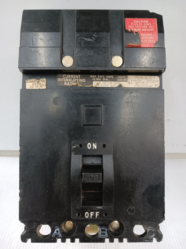Square D 100 Amp I-Line Circuit Breaker 3 Pole 240 VAC / 250 VDC FA32100 (Flaw)