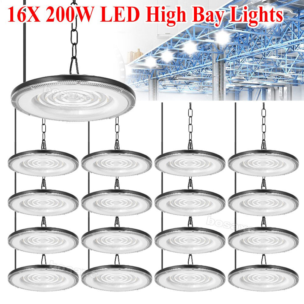 16 Pack 200W UFO Led High Bay Lights Commercial Warehouse Factory Light Fixture