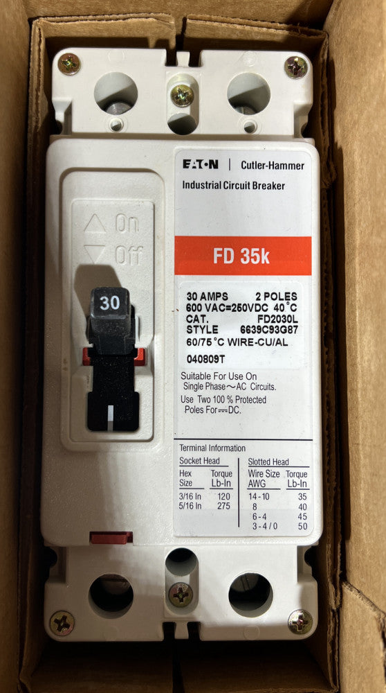 Nos Surplus Cutler Hammer FD2030L Circuit Breaker 30 Amp 2 Pole 600 V