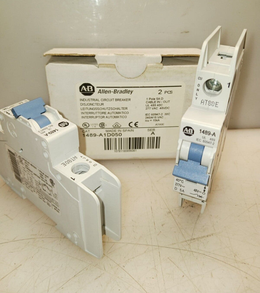 2) NEW ALLEN BRADLEY CIRCUIT BREAKER 1 POLE 5 AMP 277 VAC 1489-A1D050 (BOX OF 2)
